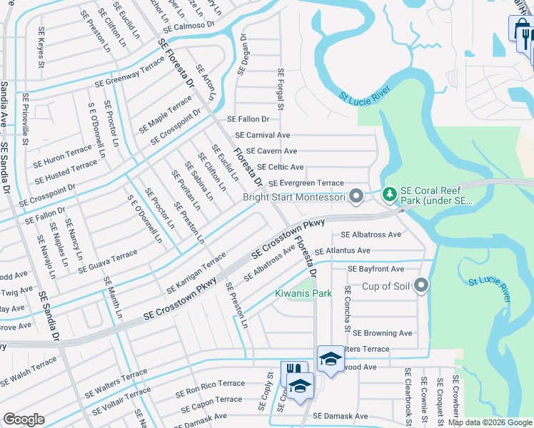 map of restaurants, bars, coffee shops, grocery stores, and more near 1122 Southeast Floresta Drive in Port St. Lucie
