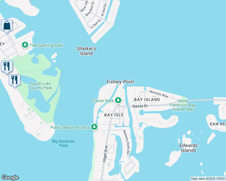 map of restaurants, bars, coffee shops, grocery stores, and more near 3344 Gulfmead Drive in Sarasota