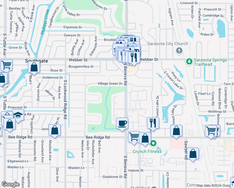 map of restaurants, bars, coffee shops, grocery stores, and more near 3306 Pembrook Drive in Sarasota