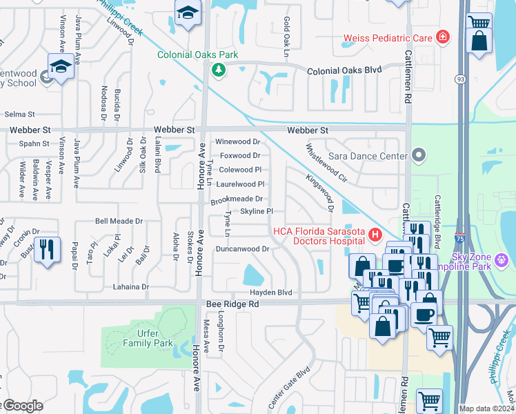 map of restaurants, bars, coffee shops, grocery stores, and more near 5413 Skyline Place in Sarasota