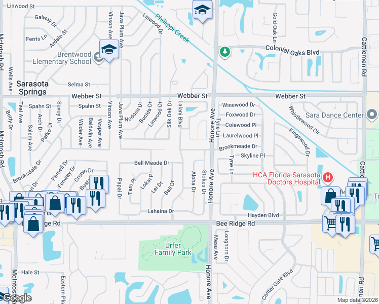 map of restaurants, bars, coffee shops, grocery stores, and more near 3421 Lalani Boulevard in Sarasota