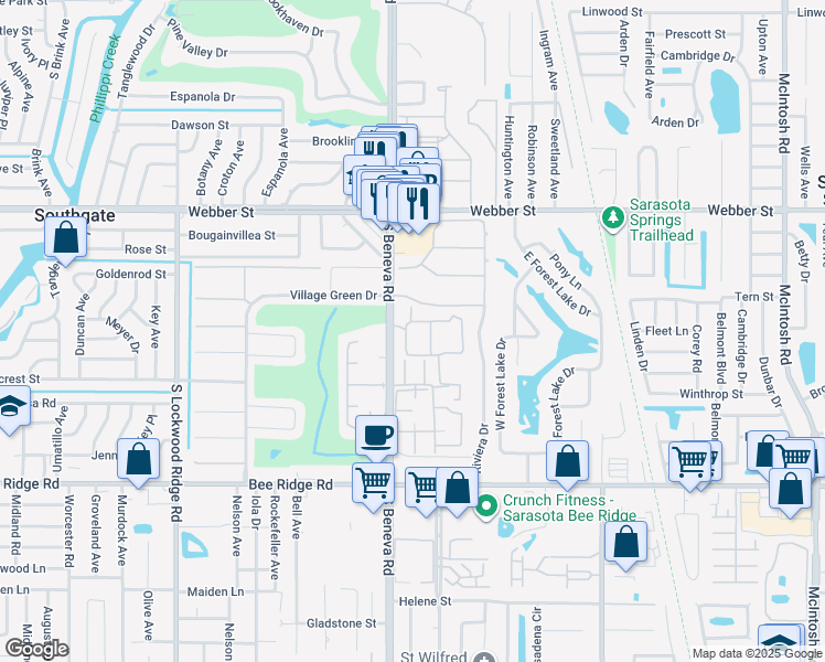 map of restaurants, bars, coffee shops, grocery stores, and more near 3201 South Beneva Road in Sarasota