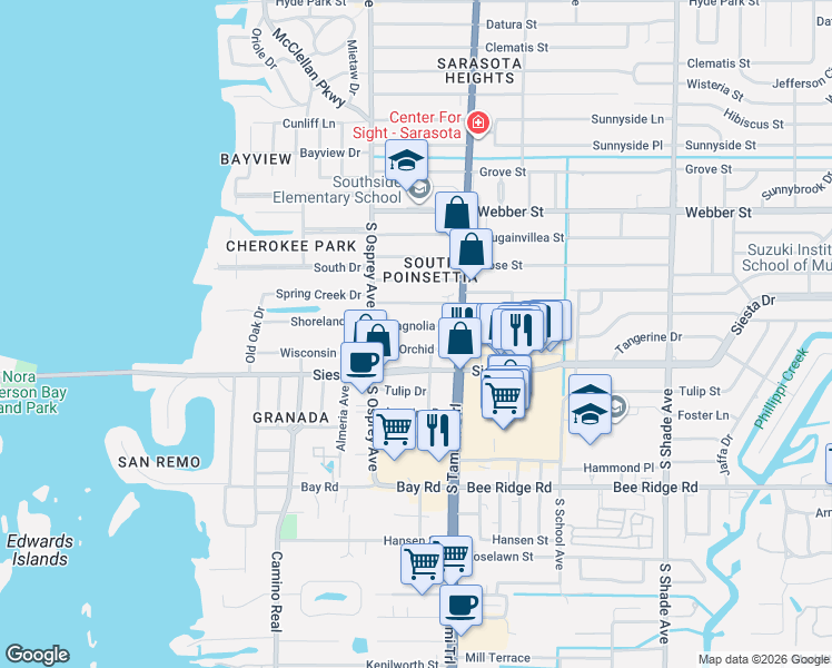 map of restaurants, bars, coffee shops, grocery stores, and more near 1925 Magnolia Street in Sarasota