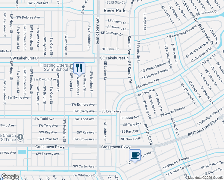 map of restaurants, bars, coffee shops, grocery stores, and more near 160 Southeast Juper Avenue in Port St. Lucie