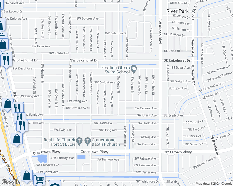 map of restaurants, bars, coffee shops, grocery stores, and more near 1164 Southwest Curtis Street in Port Saint Lucie