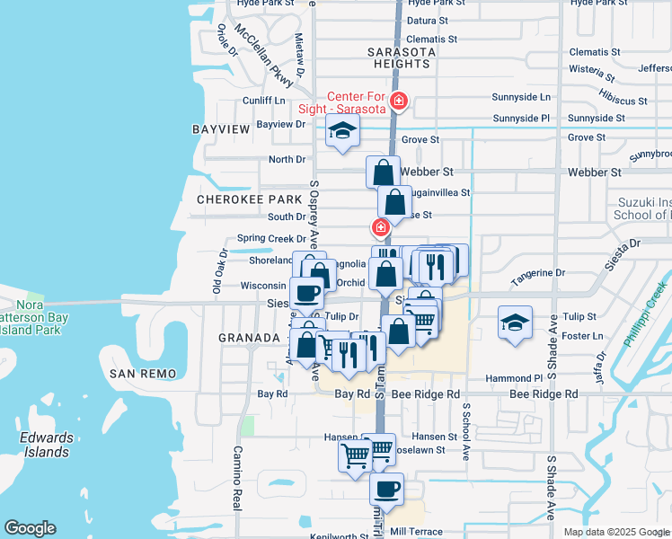 map of restaurants, bars, coffee shops, grocery stores, and more near 1825 Magnolia Street in Sarasota