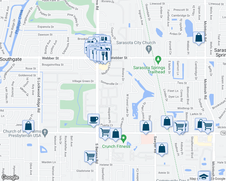 map of restaurants, bars, coffee shops, grocery stores, and more near 715 Beneva Road in Sarasota