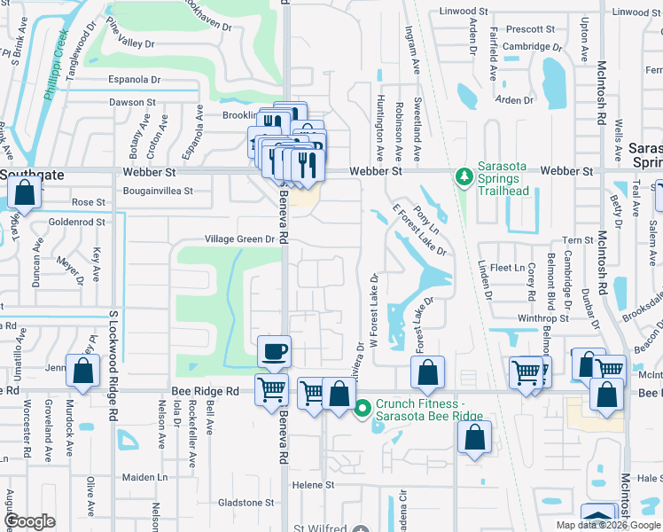 map of restaurants, bars, coffee shops, grocery stores, and more near 715 Beneva Road in Sarasota