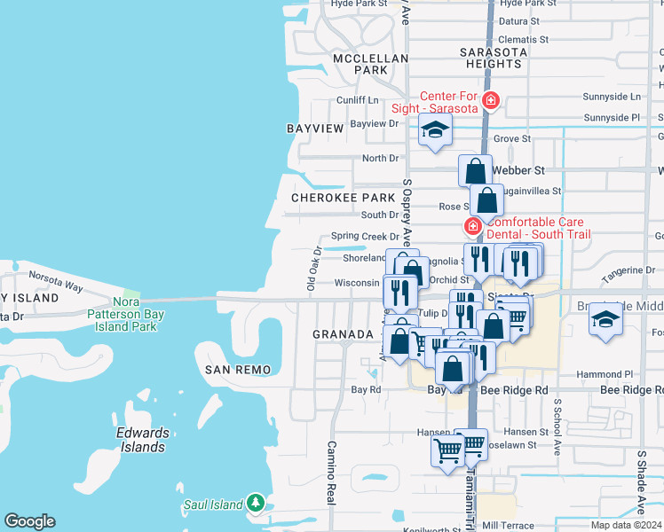map of restaurants, bars, coffee shops, grocery stores, and more near 1642 Shoreland Drive in Sarasota