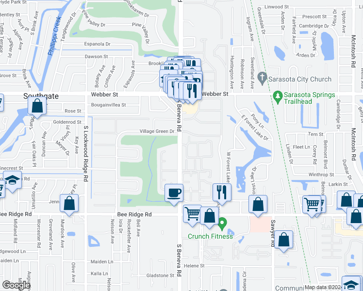 map of restaurants, bars, coffee shops, grocery stores, and more near 3201 South Beneva Road in Sarasota