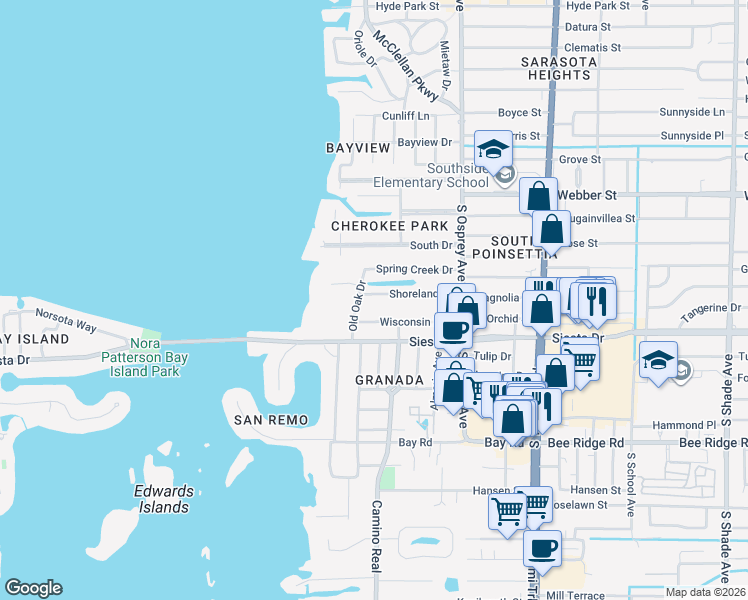 map of restaurants, bars, coffee shops, grocery stores, and more near 1642 Shoreland Drive in Sarasota