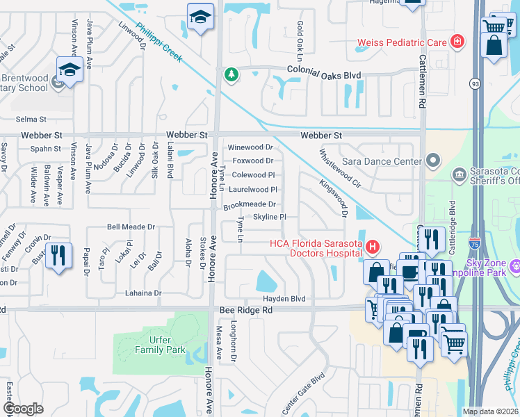 map of restaurants, bars, coffee shops, grocery stores, and more near 5408 Brookmeade Drive in Sarasota