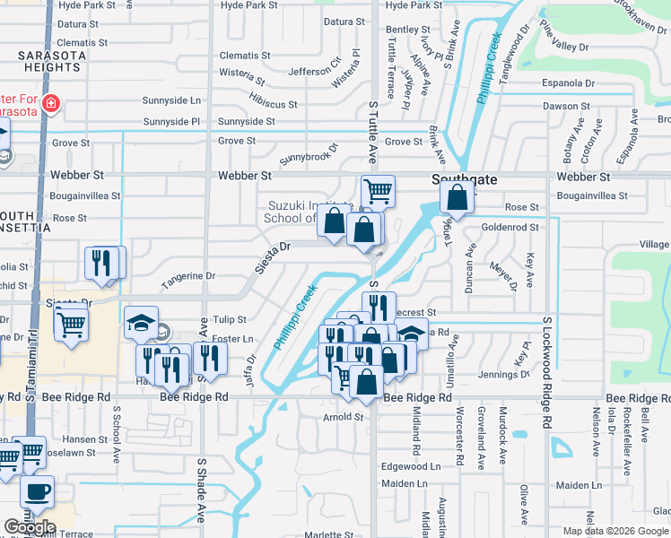 map of restaurants, bars, coffee shops, grocery stores, and more near 2724 Valencia Drive in Sarasota