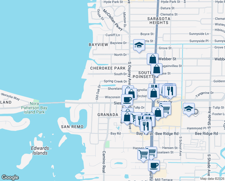 map of restaurants, bars, coffee shops, grocery stores, and more near 1712 Shoreland Drive in Sarasota