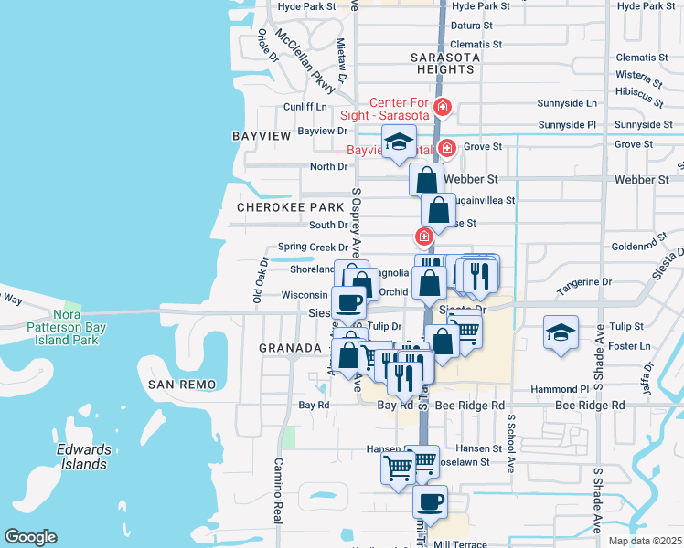 map of restaurants, bars, coffee shops, grocery stores, and more near 1766 Shoreland Drive in Sarasota
