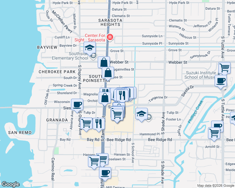 map of restaurants, bars, coffee shops, grocery stores, and more near 2080 Magnolia Street in Sarasota