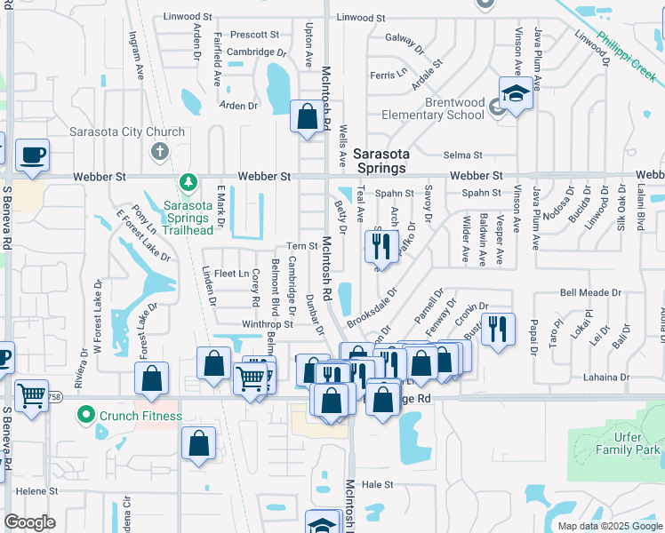 map of restaurants, bars, coffee shops, grocery stores, and more near 3252 Betty Drive in Sarasota
