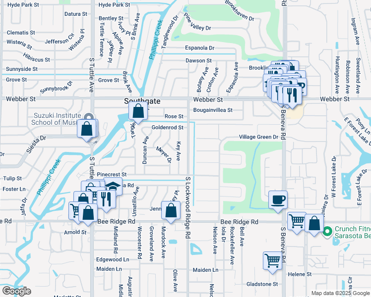 map of restaurants, bars, coffee shops, grocery stores, and more near 3302 South Lockwood Ridge Road in Sarasota