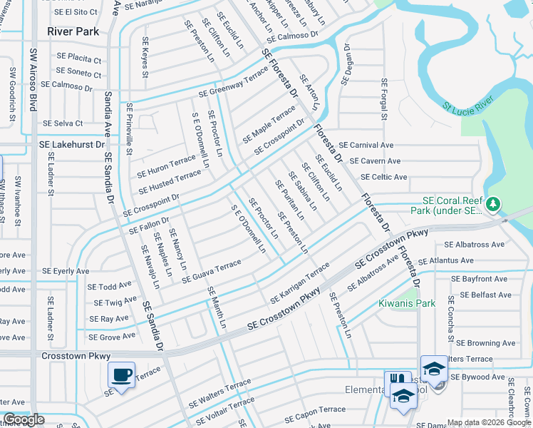 map of restaurants, bars, coffee shops, grocery stores, and more near 1149 Southeast Proctor Lane in Port St. Lucie