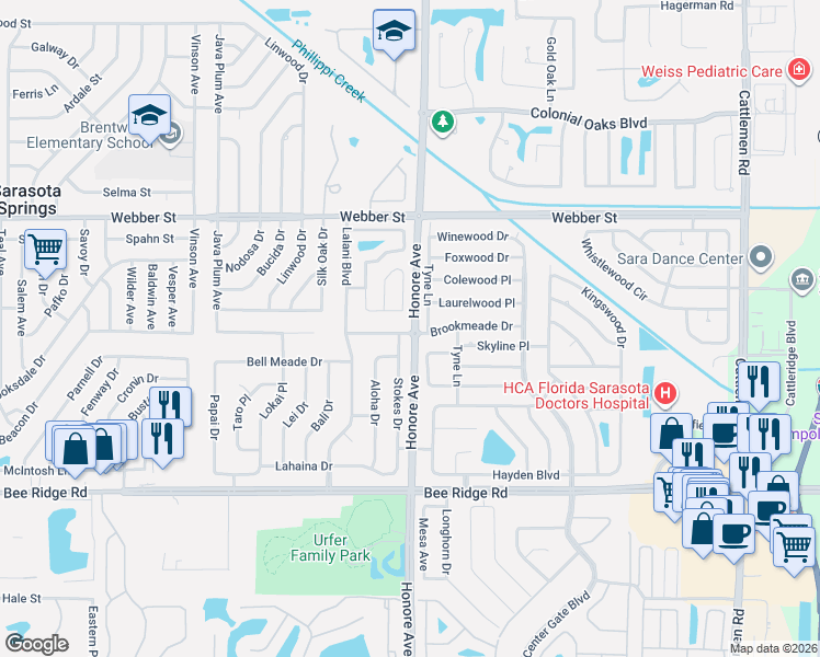 map of restaurants, bars, coffee shops, grocery stores, and more near 3388 Tyne Lane in Sarasota