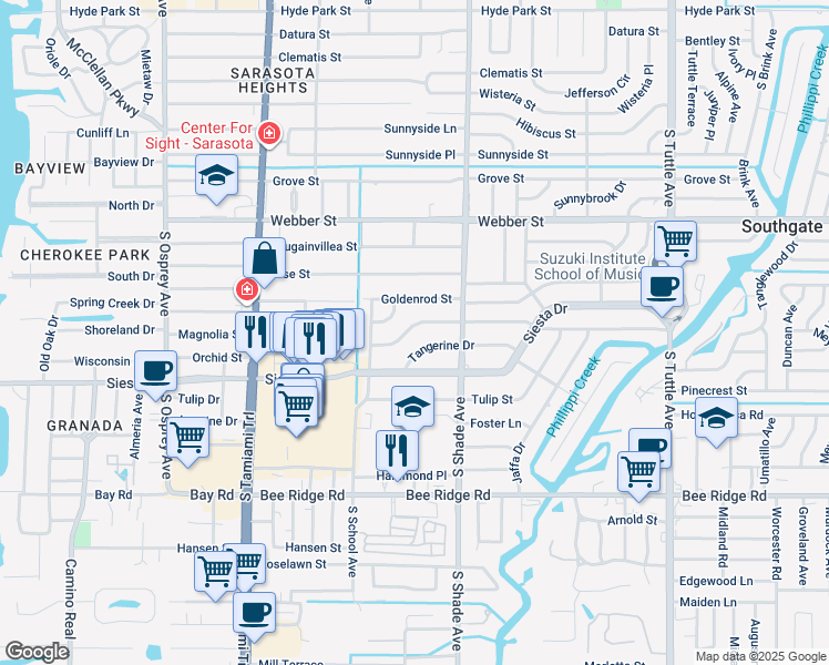 map of restaurants, bars, coffee shops, grocery stores, and more near 2246 Valencia Drive in Sarasota