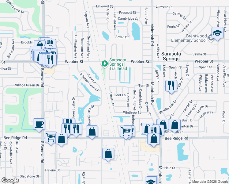 map of restaurants, bars, coffee shops, grocery stores, and more near 3235 Linden Drive in Sarasota