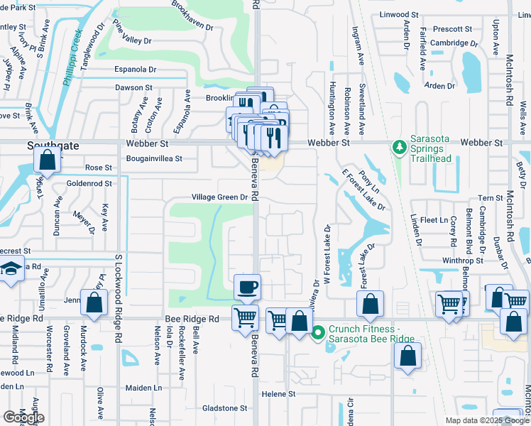 map of restaurants, bars, coffee shops, grocery stores, and more near 3201 South Beneva Road in Sarasota