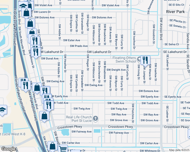 map of restaurants, bars, coffee shops, grocery stores, and more near 1169 Southwest Hibiscus Street in Port St. Lucie
