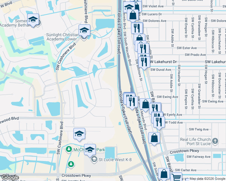 map of restaurants, bars, coffee shops, grocery stores, and more near 617 Southwest Indian Key Drive in Port St. Lucie