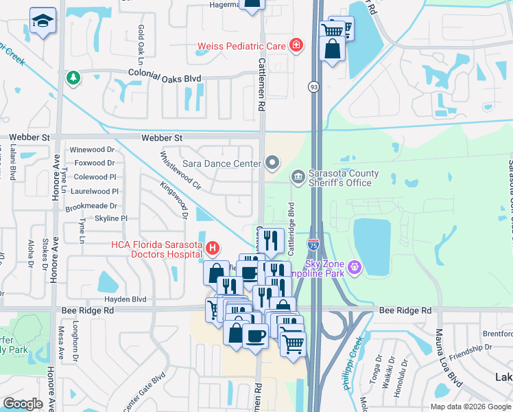map of restaurants, bars, coffee shops, grocery stores, and more near 2859 Indianwood Drive in Sarasota