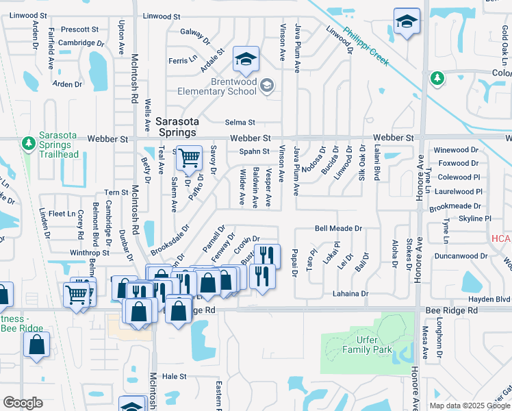 map of restaurants, bars, coffee shops, grocery stores, and more near 3210 Baldwin Avenue in Sarasota