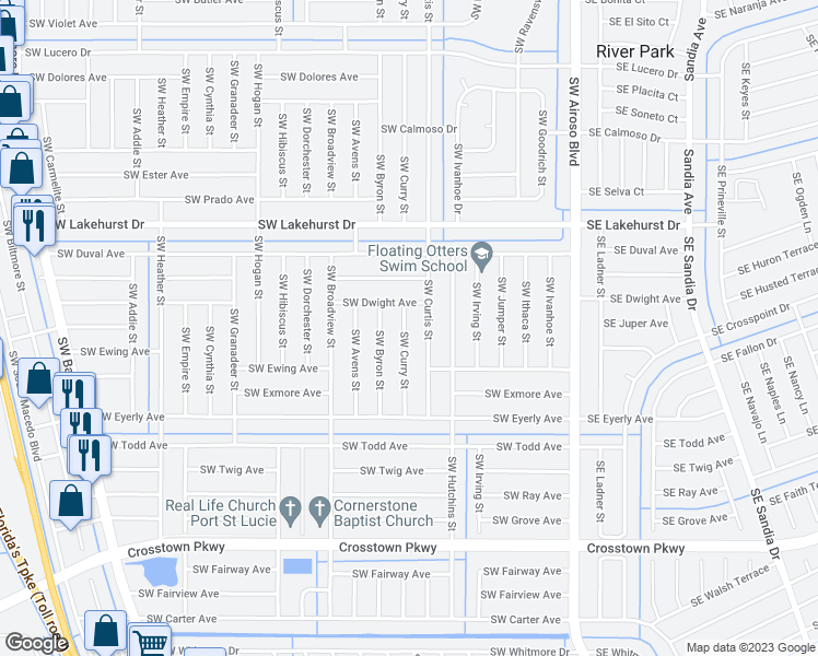 map of restaurants, bars, coffee shops, grocery stores, and more near 1219 Southwest Curry Street in Port St. Lucie