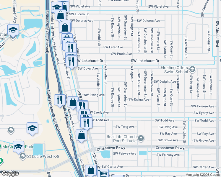 map of restaurants, bars, coffee shops, grocery stores, and more near 1157 Southwest Heather Street in Port St. Lucie