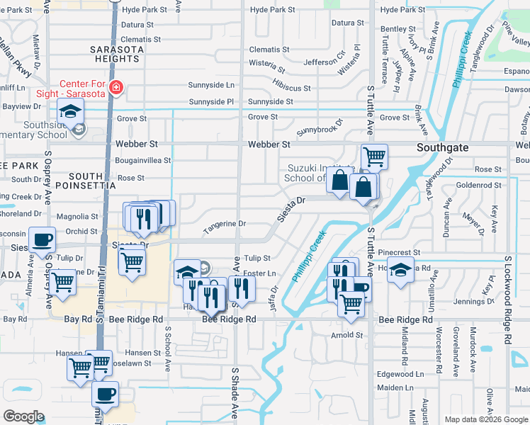map of restaurants, bars, coffee shops, grocery stores, and more near 2430 Valencia Drive in Sarasota