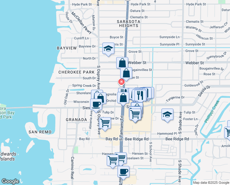 map of restaurants, bars, coffee shops, grocery stores, and more near 1925 Magnolia Street in Sarasota