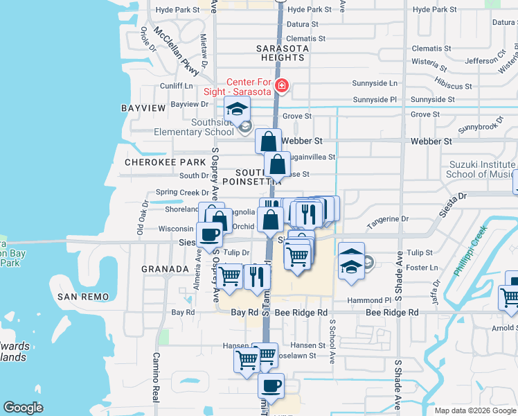 map of restaurants, bars, coffee shops, grocery stores, and more near 1925 Magnolia Street in Sarasota