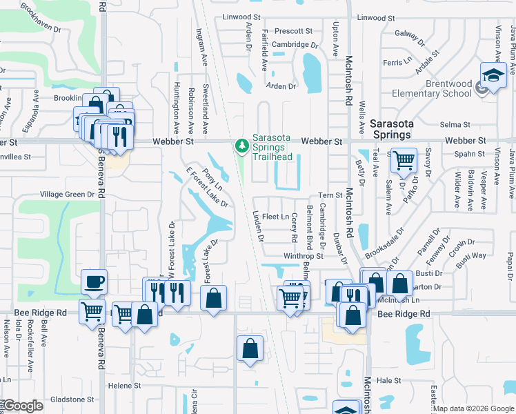 map of restaurants, bars, coffee shops, grocery stores, and more near 3235 Linden Drive in Sarasota