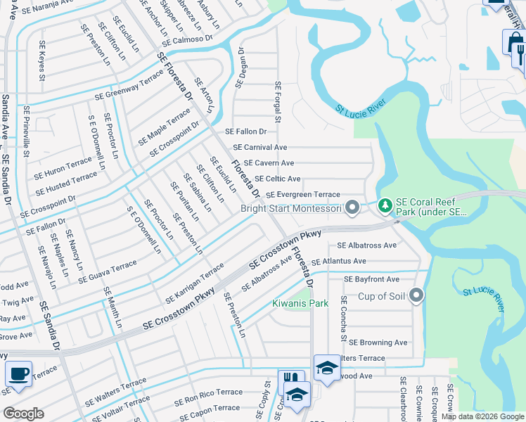 map of restaurants, bars, coffee shops, grocery stores, and more near 1122 Southeast Floresta Drive in Port St. Lucie