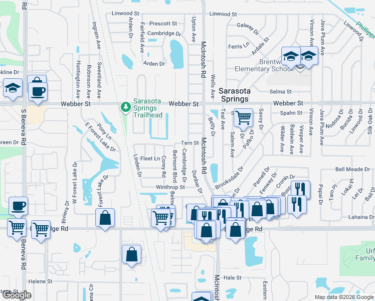 map of restaurants, bars, coffee shops, grocery stores, and more near 3225 Cambridge Drive in Sarasota