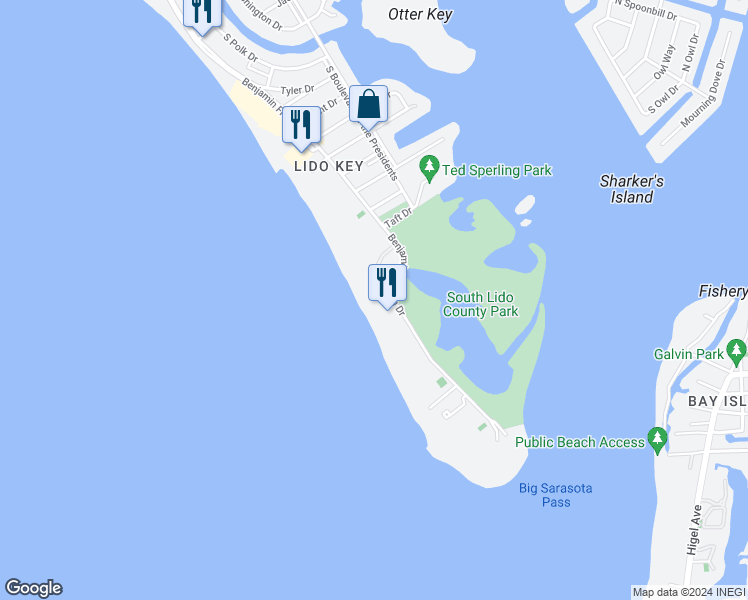 map of restaurants, bars, coffee shops, grocery stores, and more near 1336 Benjamin Franklin Drive in Sarasota