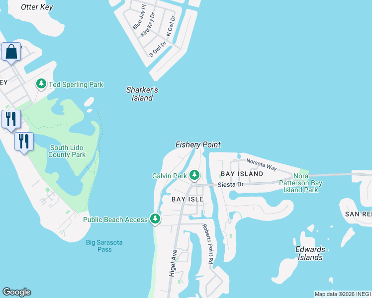 map of restaurants, bars, coffee shops, grocery stores, and more near 3344 Gulfmead Drive in Sarasota