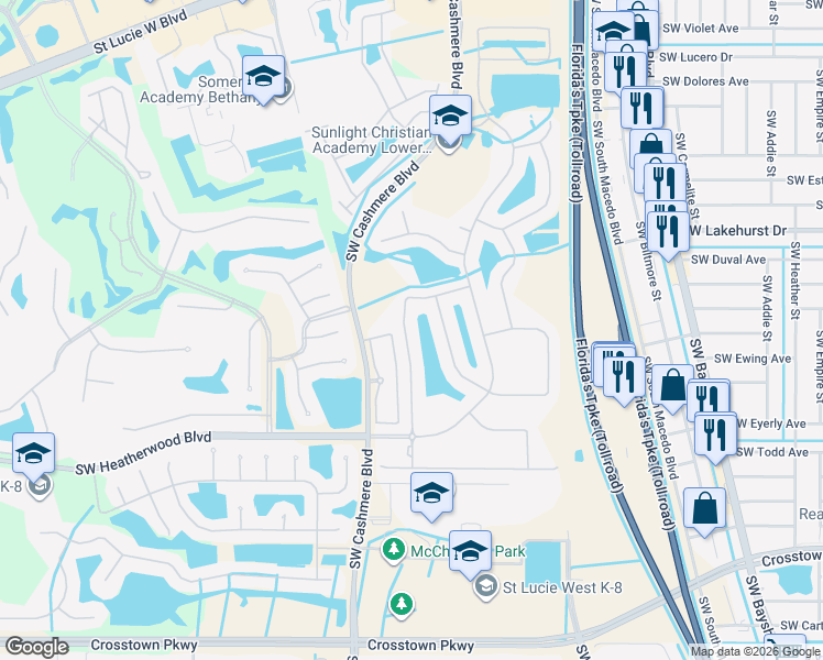 map of restaurants, bars, coffee shops, grocery stores, and more near 450 Southwest Talquin Lane in Port St. Lucie
