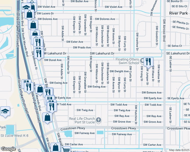 map of restaurants, bars, coffee shops, grocery stores, and more near 1169 Southwest Hibiscus Street in Port St. Lucie
