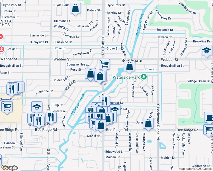 map of restaurants, bars, coffee shops, grocery stores, and more near 3205 South Tuttle Avenue in Sarasota