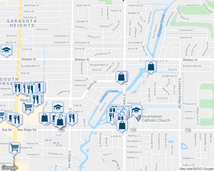 map of restaurants, bars, coffee shops, grocery stores, and more near 2715 Valencia Drive in Sarasota