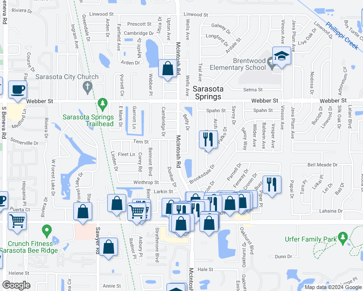 map of restaurants, bars, coffee shops, grocery stores, and more near 3252 Betty Drive in Sarasota