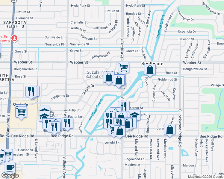 map of restaurants, bars, coffee shops, grocery stores, and more near 2756 Valencia Drive in Sarasota