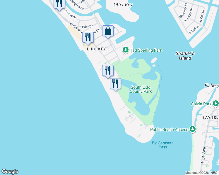 map of restaurants, bars, coffee shops, grocery stores, and more near 1336 Benjamin Franklin Drive in Sarasota