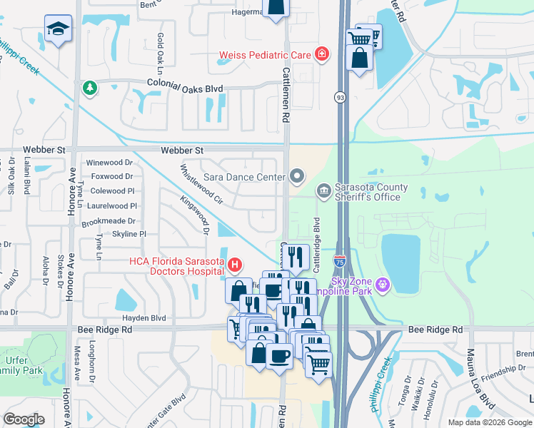 map of restaurants, bars, coffee shops, grocery stores, and more near 2859 Indianwood Drive in Sarasota