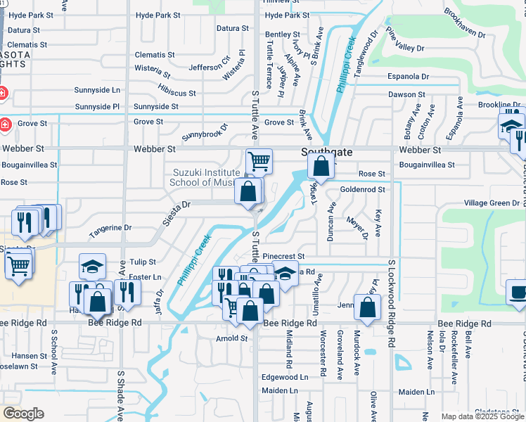 map of restaurants, bars, coffee shops, grocery stores, and more near 3205 South Tuttle Avenue in Sarasota